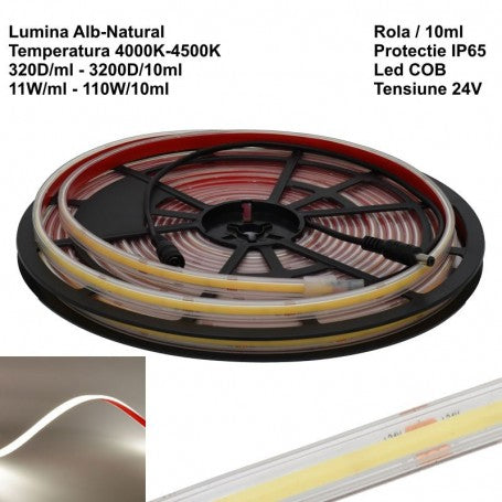 Banda Led 320 Cob - 24V - 10mm Alb-Neutru 4500K, IP65 Exterior - Rola/10ml