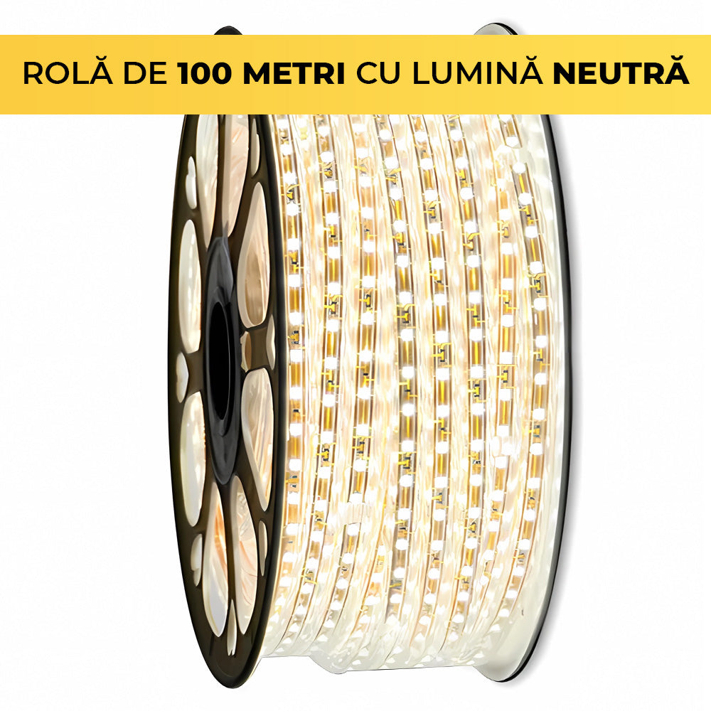 Banda LED 220V, 4000K, Lumina Alb Neutru, 120LED/m, IP65, Rola 100 Metri, ClassLights