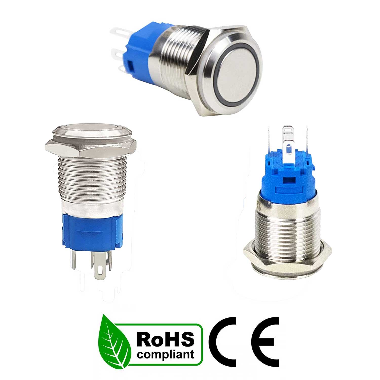 Buton Push 16mm cu Revenire, 12-24V, Led Albastru, Mufa inclusa, ElectroAZ