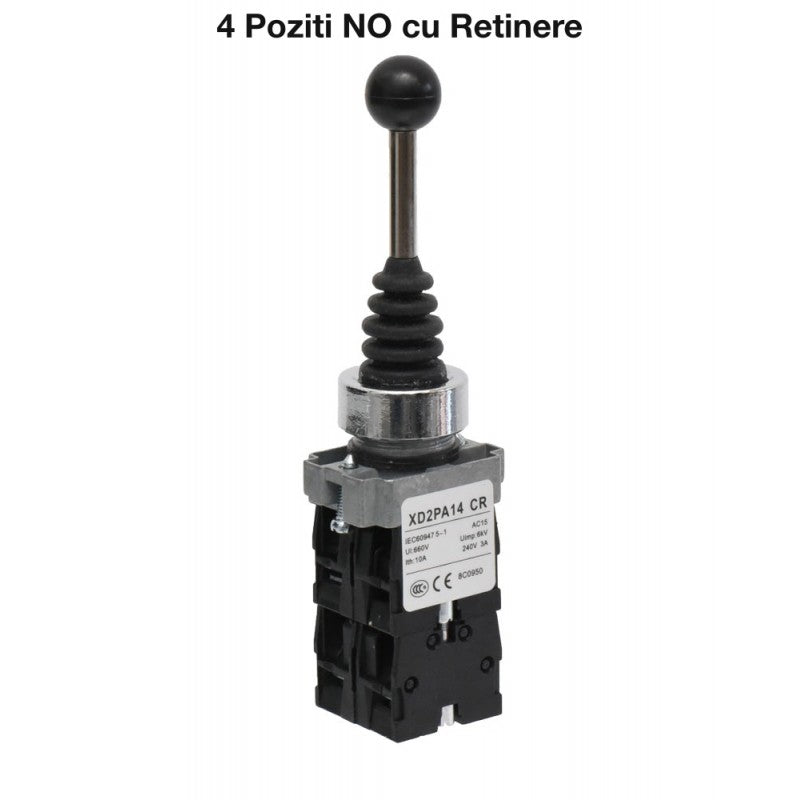 Controller cu Maneta 4 Pozitii cu Retinere, Tip Joystick, Diametru montaj 22mm, Metalic, 3A