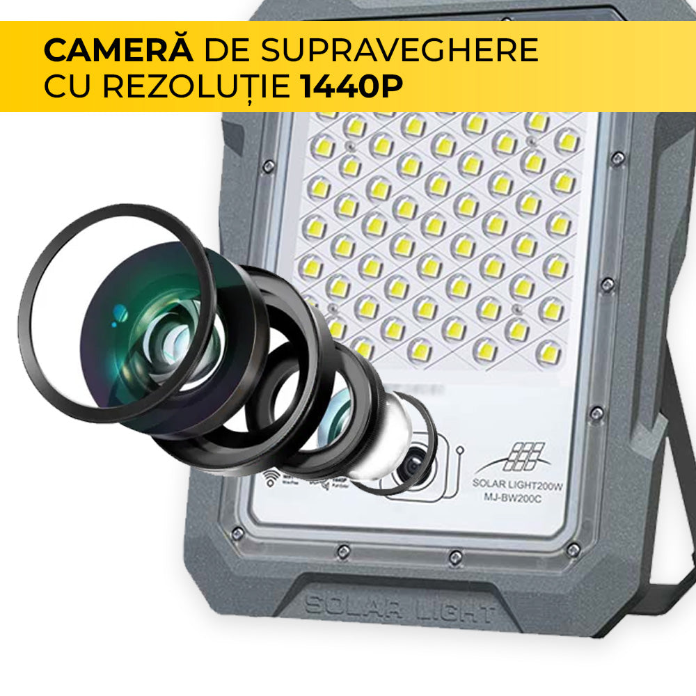 Proiector LED cu Cameră Video Integrată, 100W, Alimentare Solară, 1440P, Wi-Fi, 18.000 mAh, ClassLights