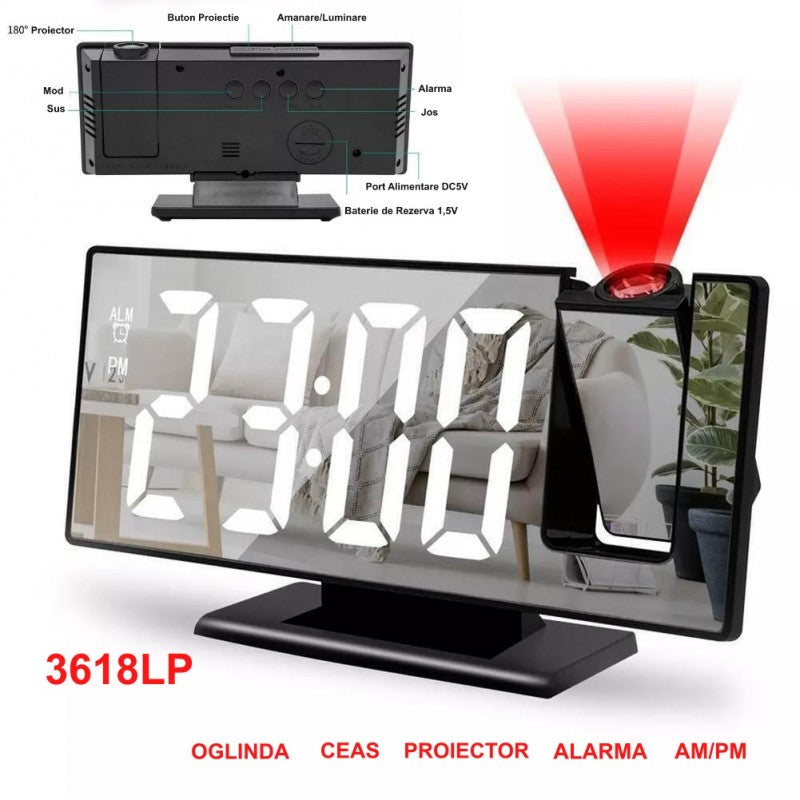 Ceas cu Oglinda si  Proiectie 3618LP, Alb