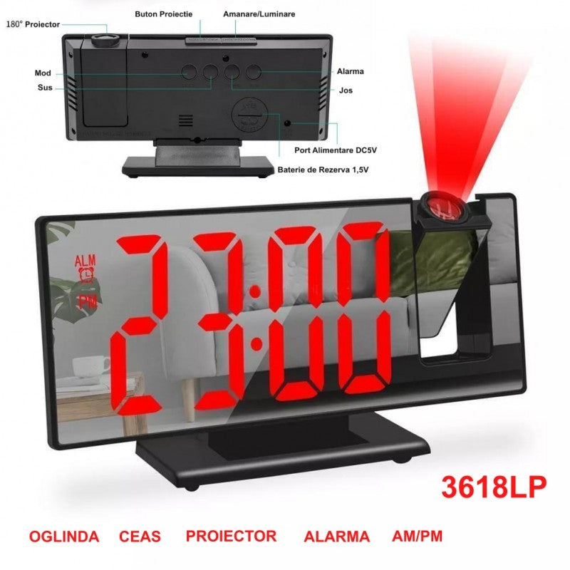 Ceas cu Oglinda si  Proiectie 3618LP, Rosu