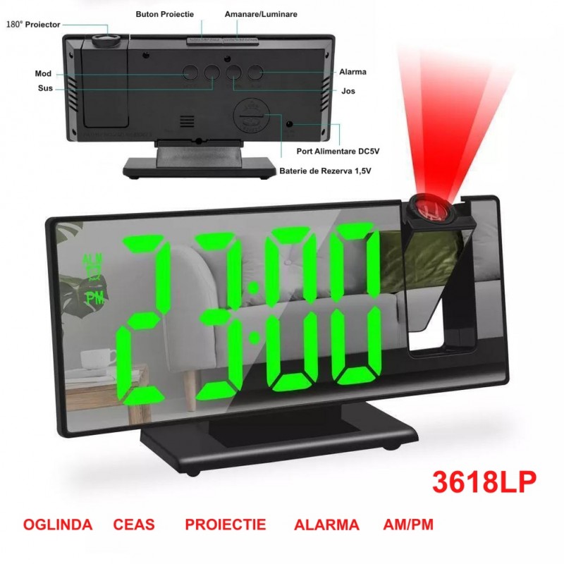 Ceas cu Oglinda si  Proiectie 3618LP, Verde