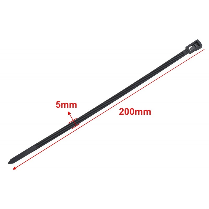 Set 100x Colier de Plastic Reutilizabil, 5x200mm, Negru