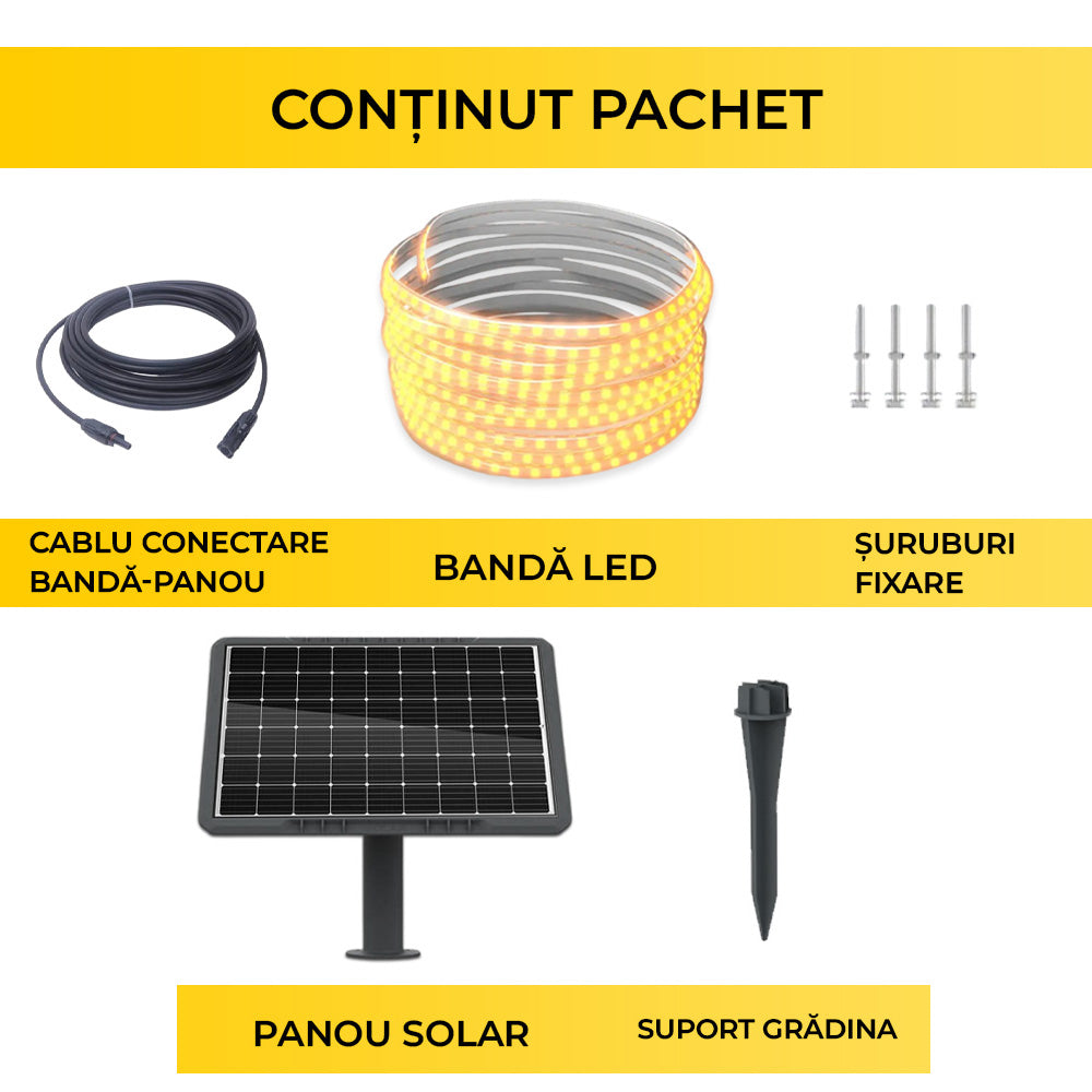 Kit Banda LED Alb-Cald, 5 Metri, Panou Solar Monocristalin, 50W, IP65, ClassLights