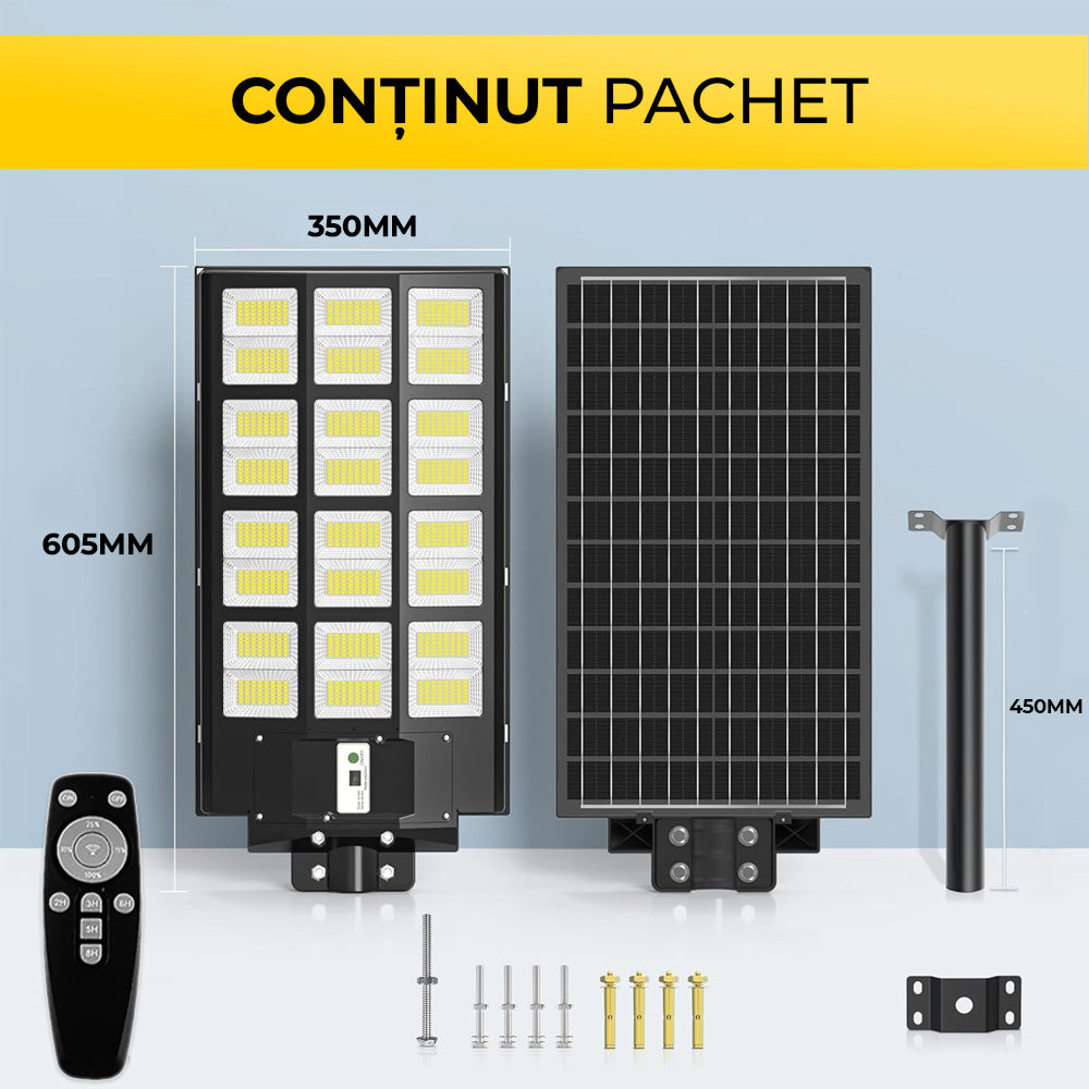 Lampa Solară 800W cu Panou Solar Monocristalin, 640 LED-uri, Bară + Telecomandă, ClassLights