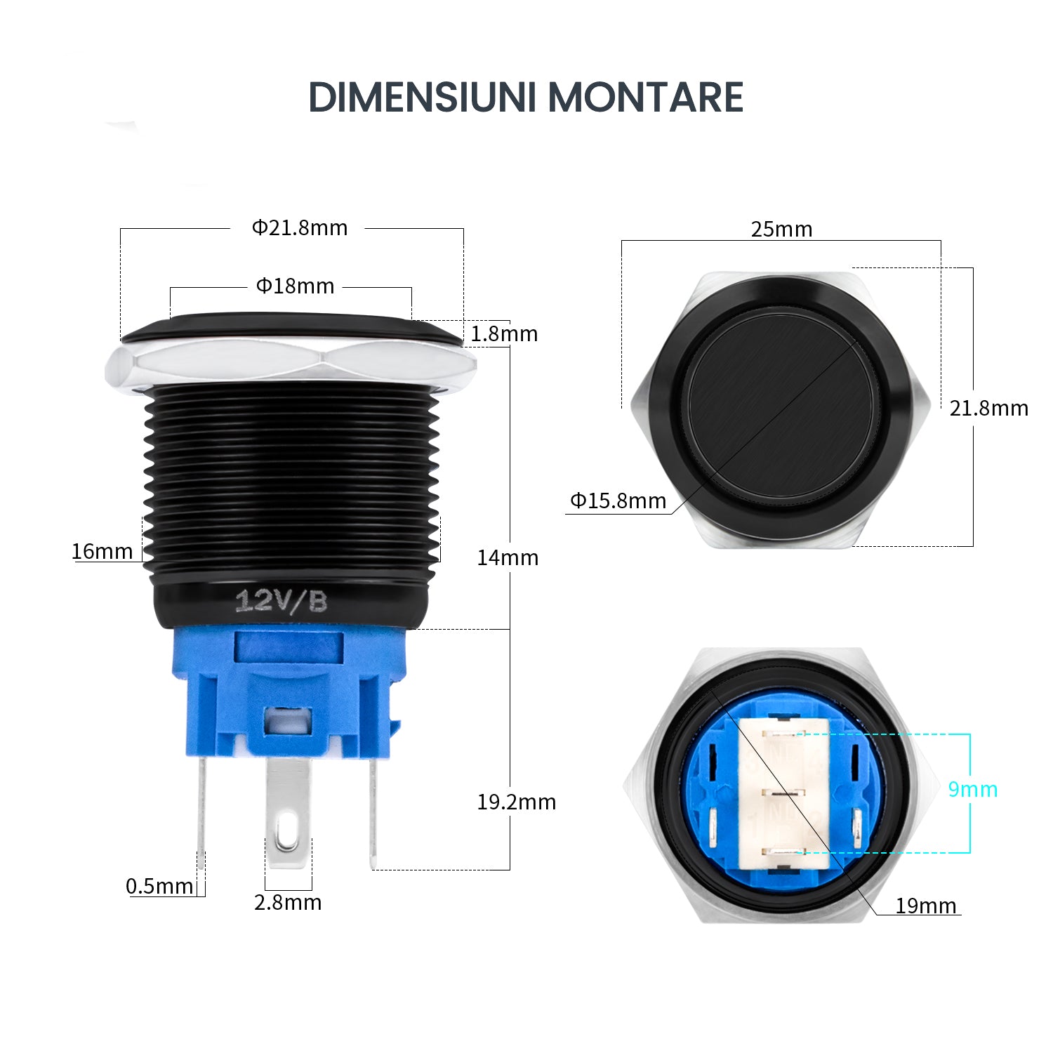 Buton Push Negru 19mm cu Revenire si Led Verde, ElectroAZ