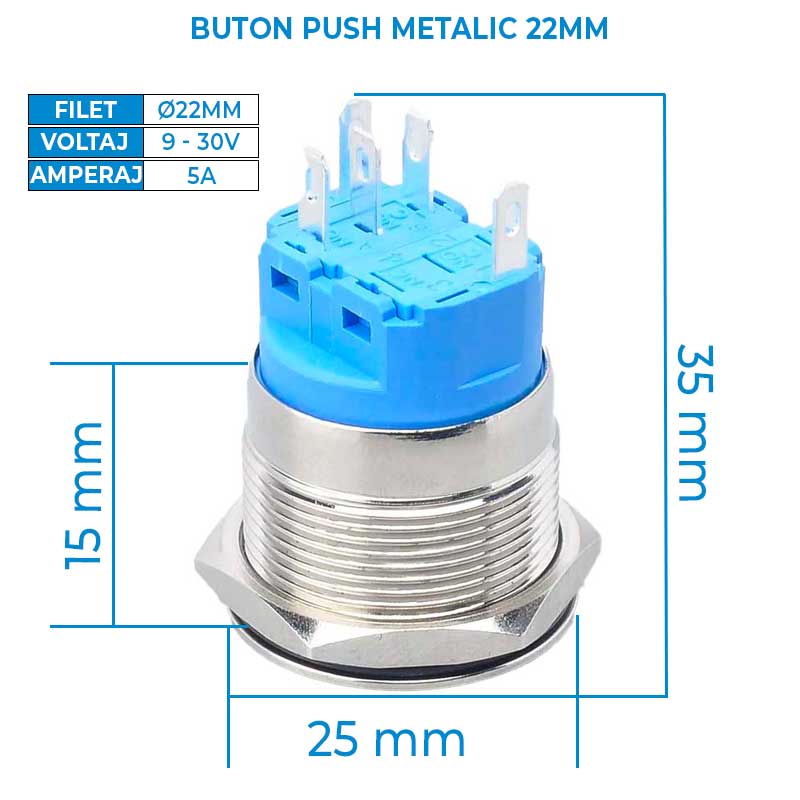Buton Push 22mm cu Retinere, 12-24V, Led Albastru, Mufa inclusa, ElectroAZ