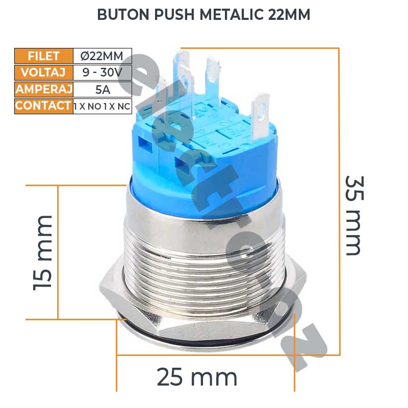 Buton Push 22mm cu Revenire, 12-24V, Led Rosu, Mufa inclusa, ElectroAZ