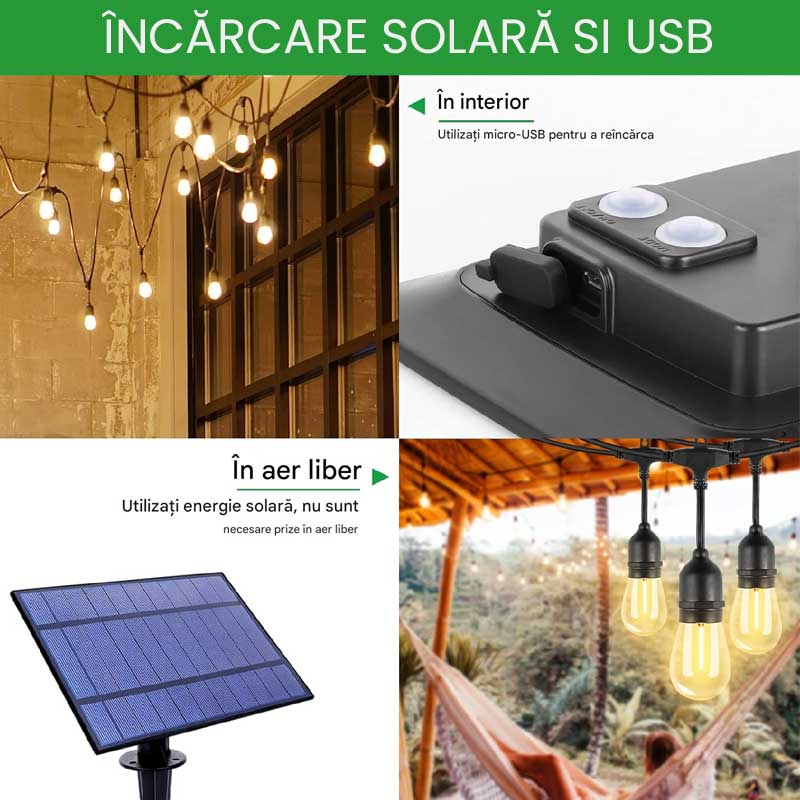 Ghirlandă Luminoasă cu Încărcare Solară, 5 metri, 10 Becuri LED Lumina Caldă incluse, ElectroAZ