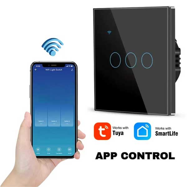Intrerupator smart triplu touch, Negru, WiFi, Sticla securizata, Classlights, 10A, Control vocal, Smart Life / Tuya, LED