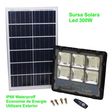 Kit Iluminare cu Panou Solar + Proiector Led 300W + Telecomanda, Pachet Complet