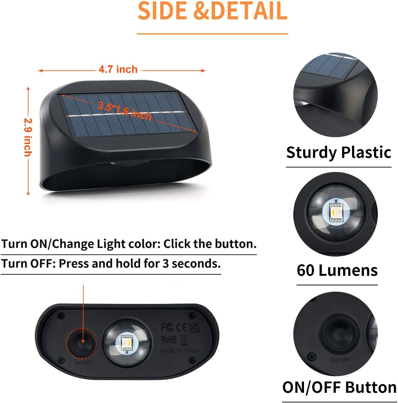 Set 4 Lămpi Solare de Perete pentru Exterior, Lumină Multicoloră RGBW, Classlights