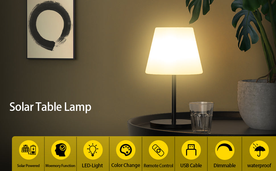 Lampa de Masă, Încărcare Solară și USB-C, Lumină Multicoloră RGBW, Telecomanda, ClassLights