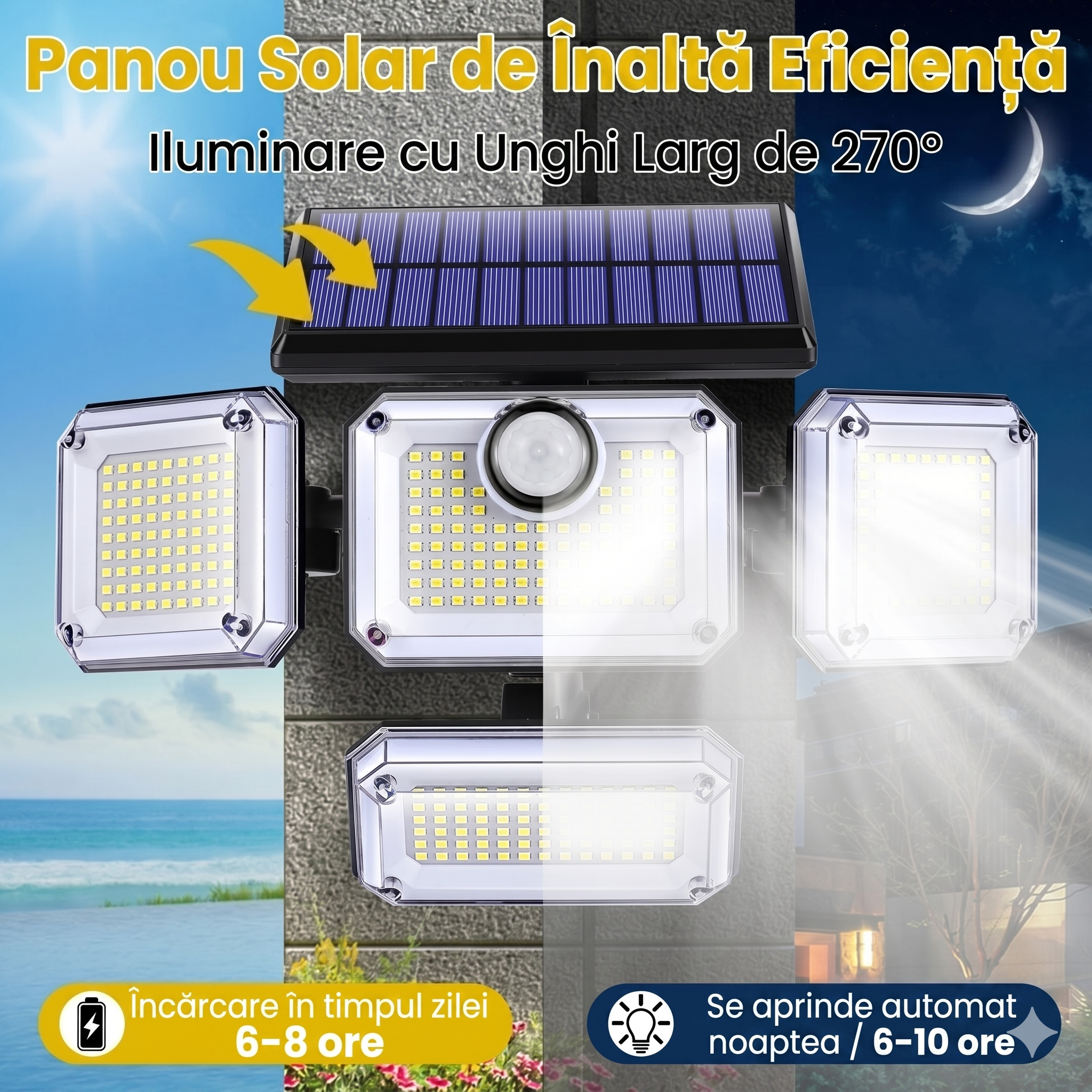 Lampa Solara Dubla 333 LED-uri, 3000 Lumeni, Senzor de Miscare si Panou Solar