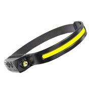 Lanternă Frontală LED COB cu Senzor Mișcare, 6 Moduri Iluminare, 350 Lumeni, Unghi Larg 230°, Reîncărcabilă USB, Bandă Elastică Reglabilă