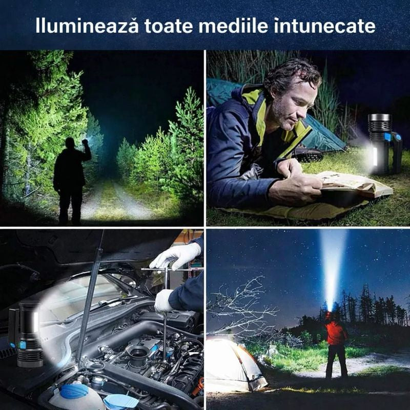 Lanternă LED Reîncărcabilă USB - 9 LED-uri Puternice, 4 Moduri Iluminare, 2400mAh