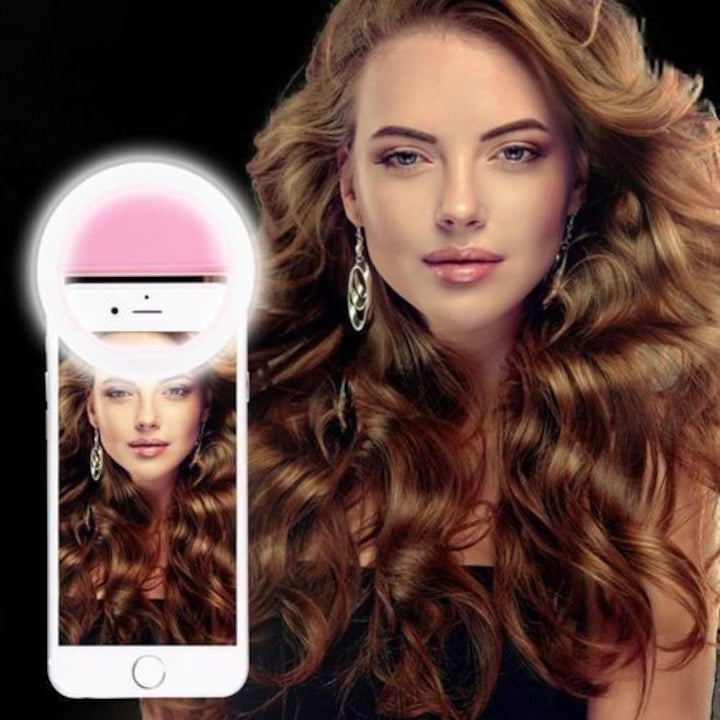 Lampa Selfie Ring Light LED Portabila Roz, 3 Niveluri de Intensitate, Reincarcabila