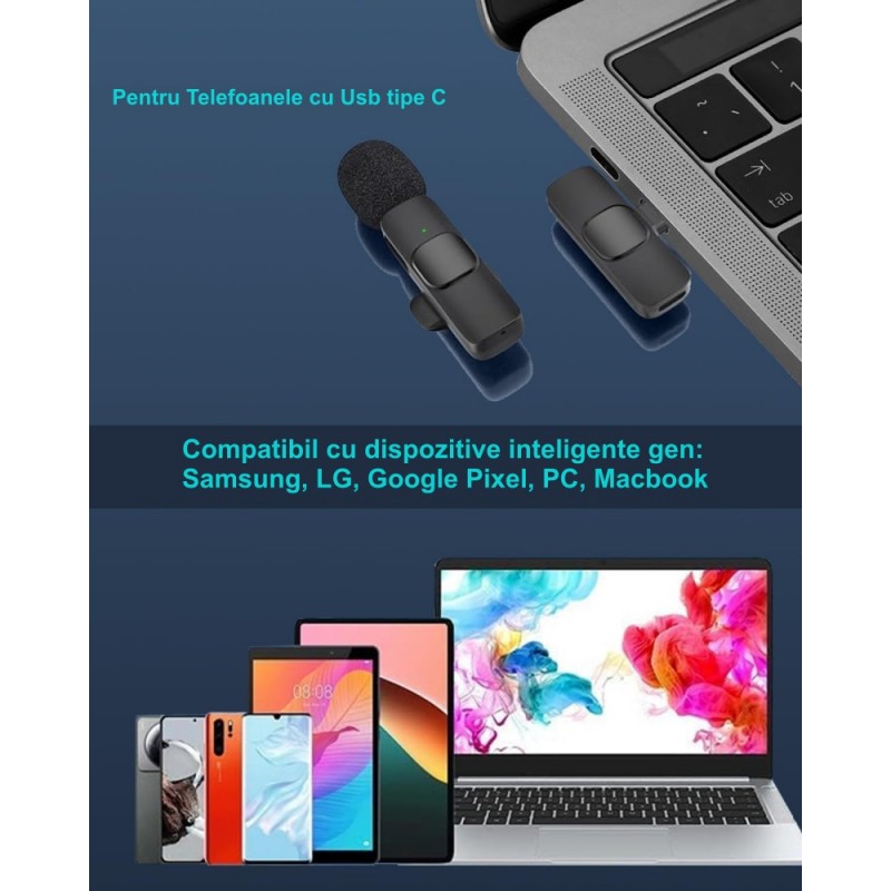 Microfon Vlogging, Wireless, Acumulator 65mAh, Lavariera, Type-C