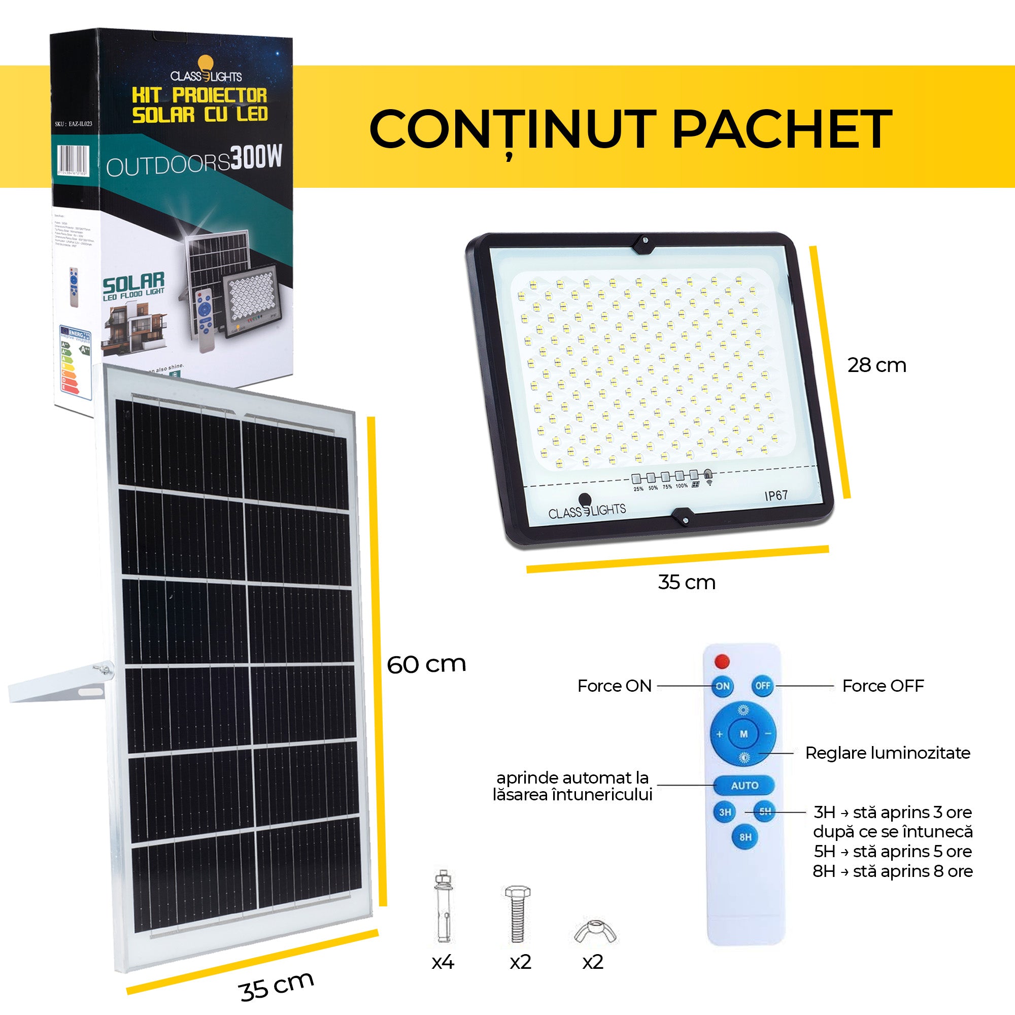 Proiector Solar Led 300W, Kit Complet, Ip67, ElectroAZ