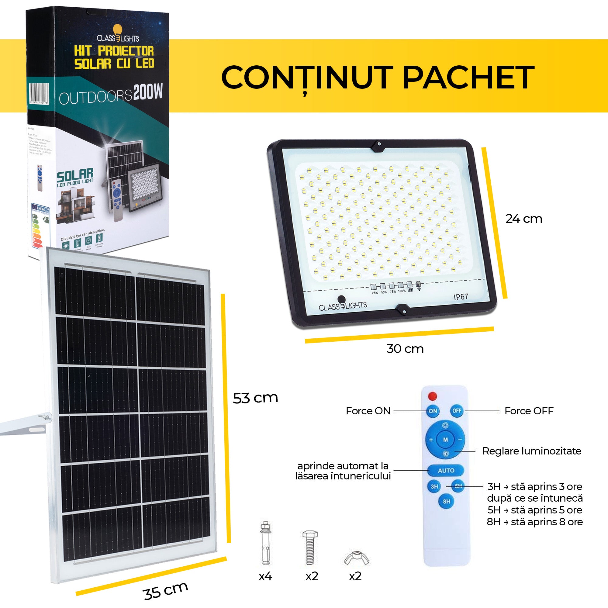 Proiector Solar Led 200W, Kit Complet, Ip67, ElectroAZ