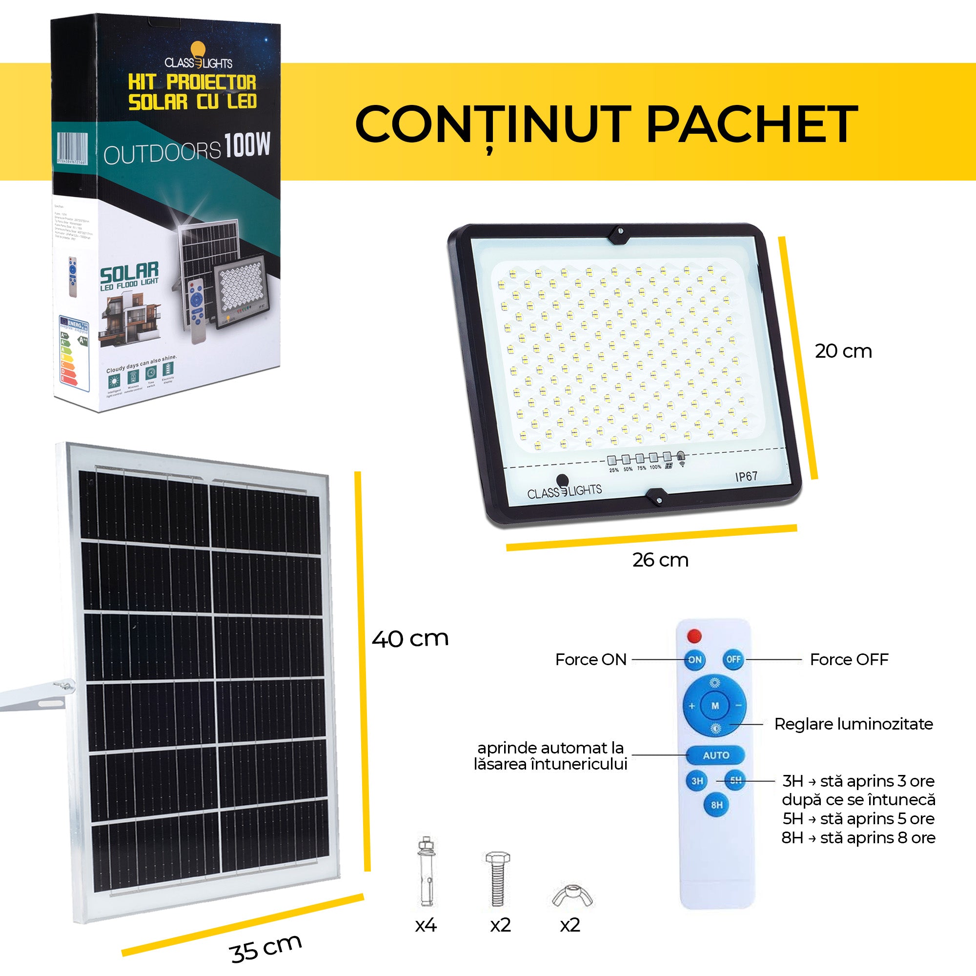 Proiector Solar Led 100W, Kit Complet, Ip67, ElectroAZ