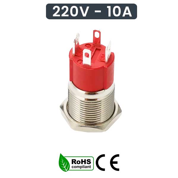 Buton Metalic Push 19mm cu Retinere, 220V - 10A, Led Rosu, ElectroAZ