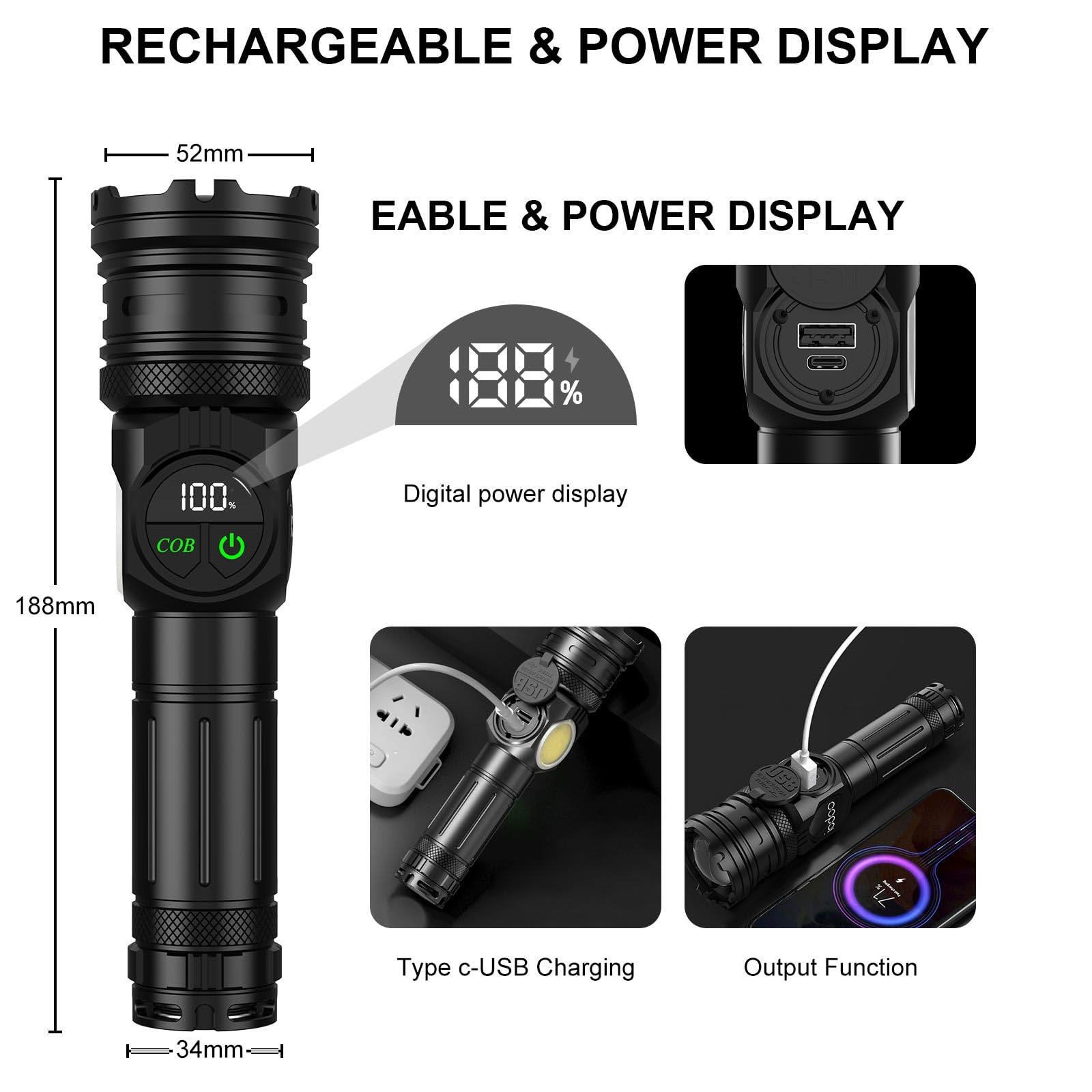 Lanterna Tactica Profesionala LED XHP, 6000 Lumeni, Zoom Telescopic, Acumulator Inclus, Magnet de Fixare