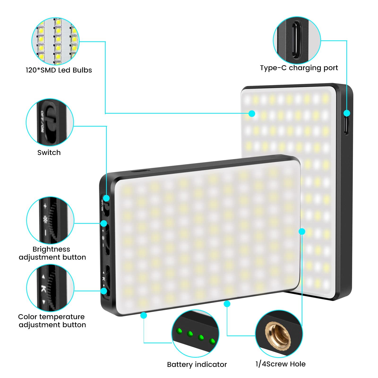 Lampa LED Video Conferinta si Vlog, Portabila, Baterie 3000mAh,  2500K-9000K, 120 LED-uri, CRI 95+
