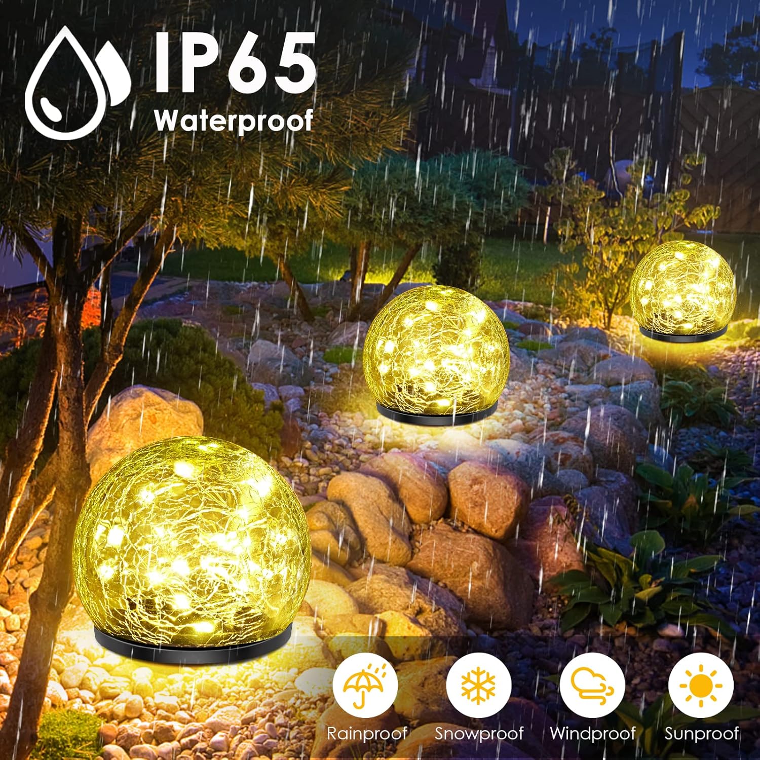 Lampa Solara Glob din Sticla Crapatura, Lumina Alb Cald, Rezistenta la Apa IP65, Decoratiune Gradina si Terasa