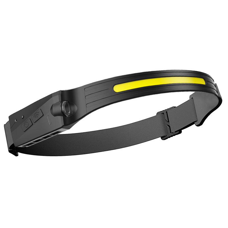 Lanternă Frontală LED COB cu Senzor Mișcare, 6 Moduri Iluminare, 350 Lumeni, Unghi Larg 230°, Reîncărcabilă USB, Bandă Elastică Reglabilă
