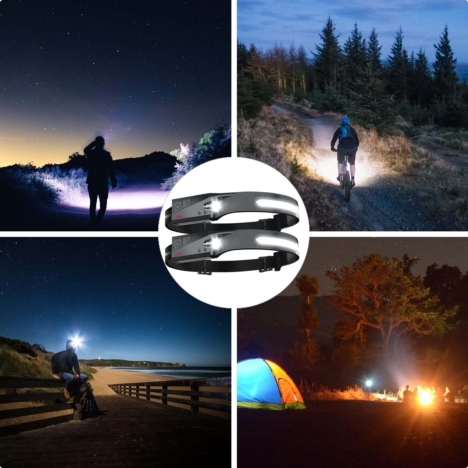 Lanternă Frontală LED COB cu Senzor Mișcare, 6 Moduri Iluminare, 350 Lumeni, Unghi Larg 230°, Reîncărcabilă USB, Bandă Elastică Reglabilă