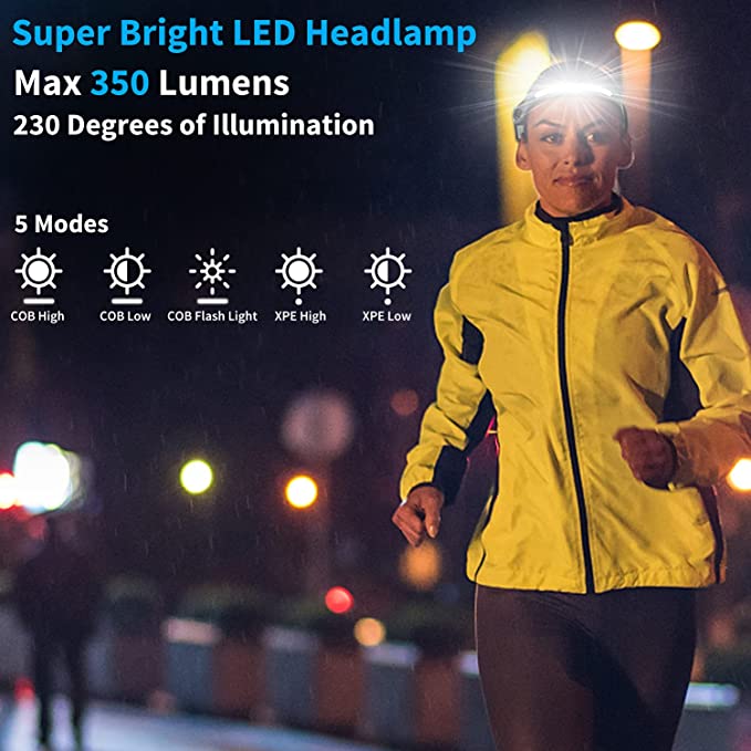 Lanternă Frontală LED COB cu Senzor Mișcare, 6 Moduri Iluminare, 350 Lumeni, Unghi Larg 230°, Reîncărcabilă USB, Bandă Elastică Reglabilă