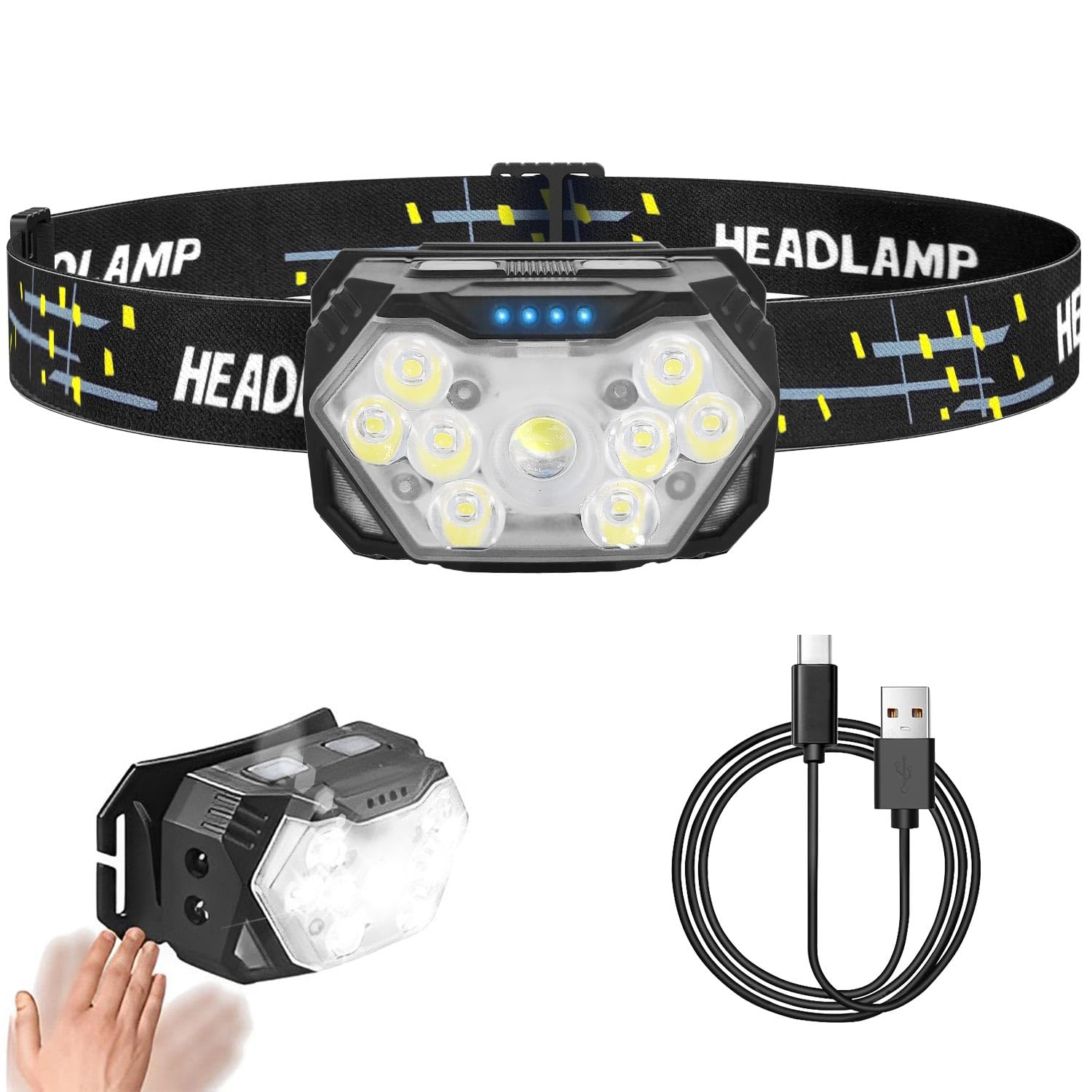 Lanterna de Cap LED 2000 Lumeni, Senzor Miscare, USB-C