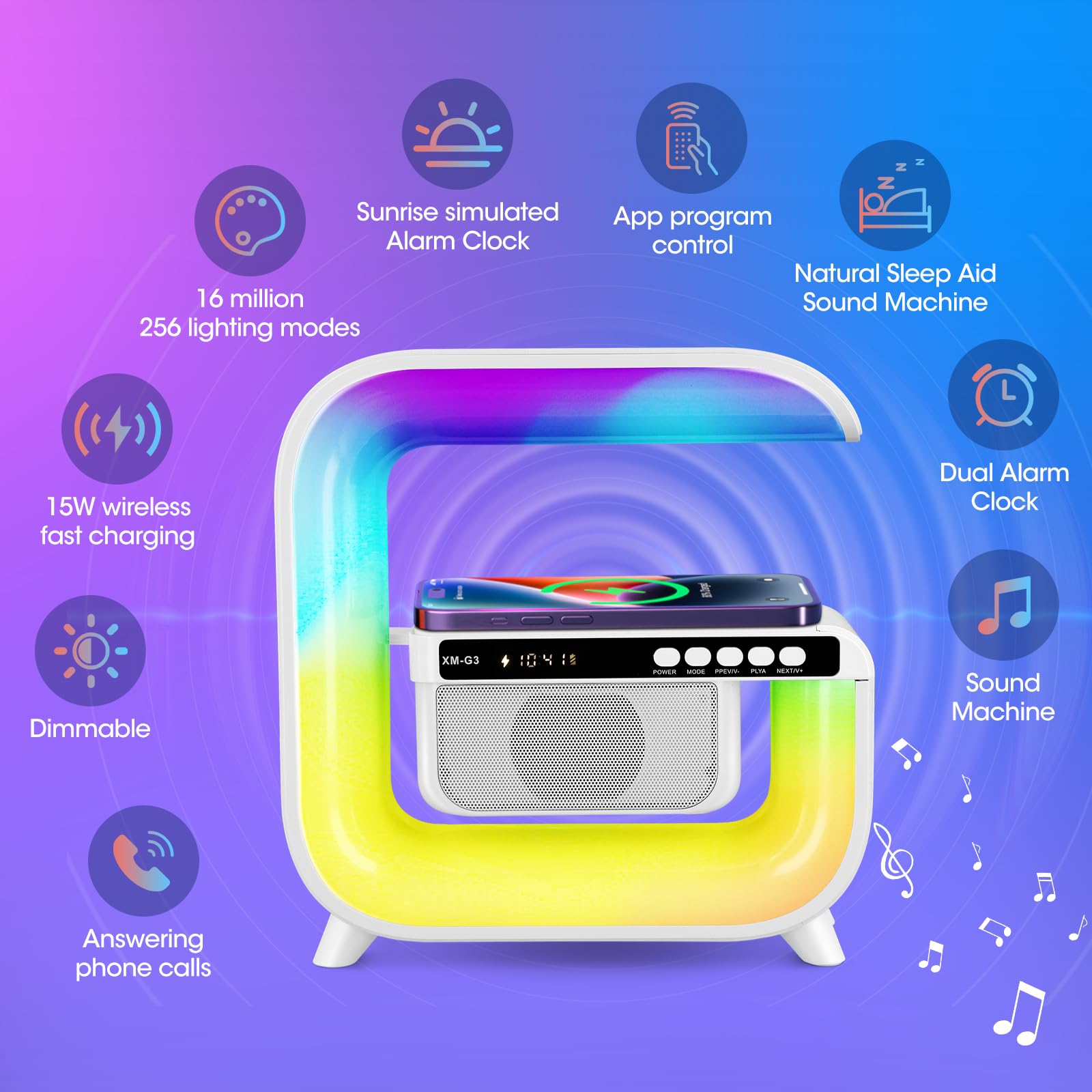 Ceas Digital cu Boxa Bluetooth, Incarcare Wireless 15W si Iluminare LED RGB