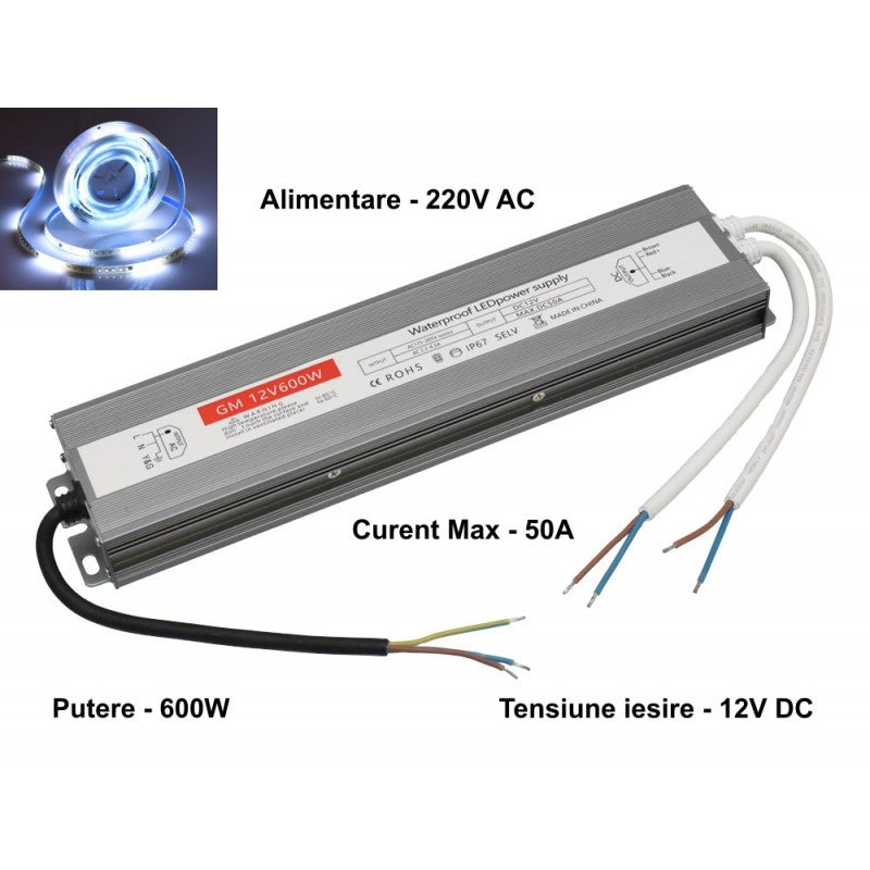 Sursa Alimentare Slim, Exterior, 12V, 600W, 50A, IP67