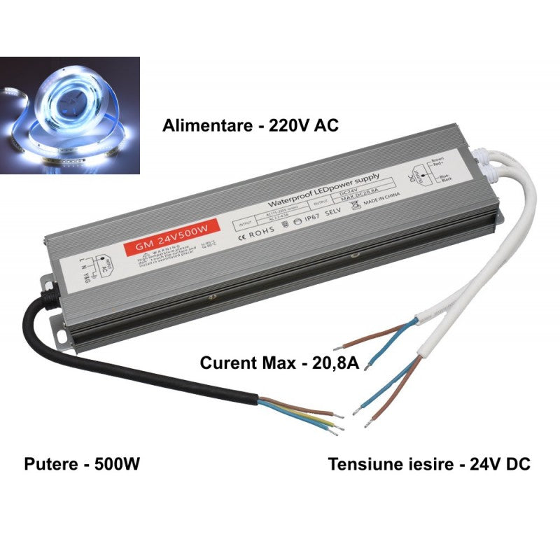 Sursa Alimentare Slim, Exterior, 24V, 500W, 20.8A, IP67