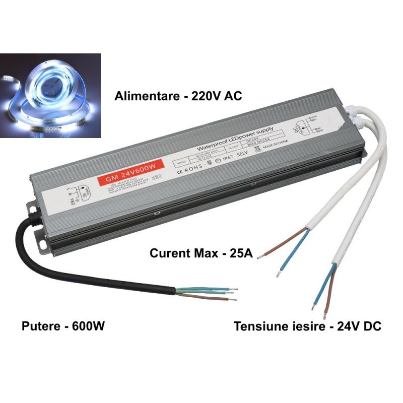 Sursa Alimentare Slim, Exterior, 24V, 600W, 25A, IP67