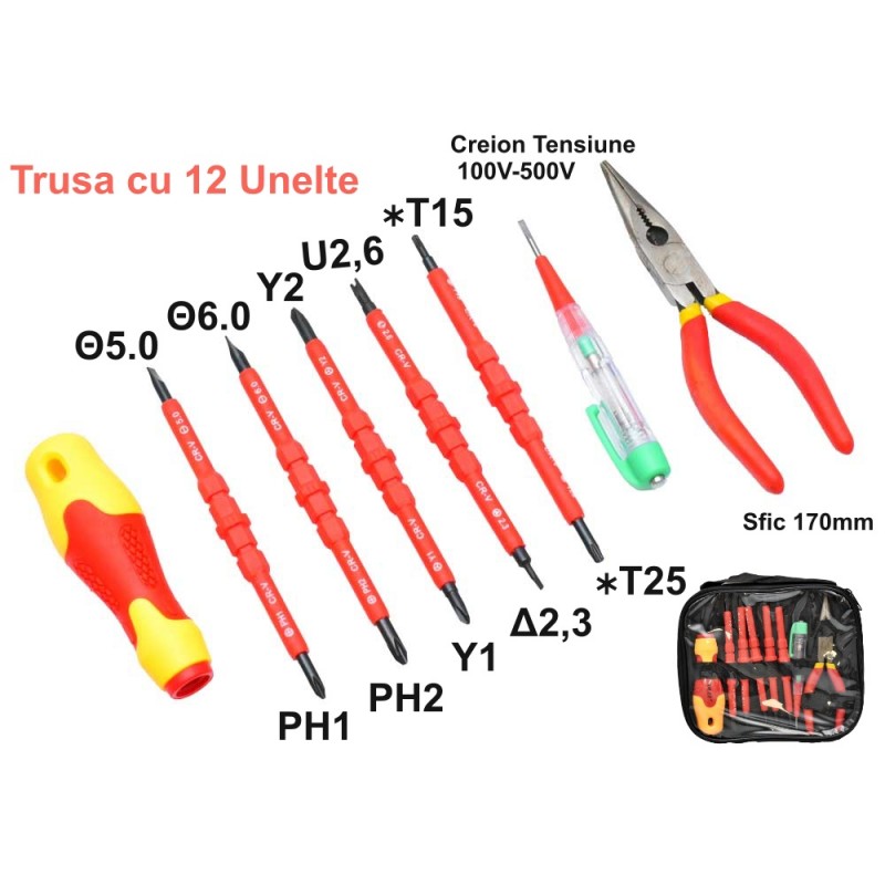 Trusa 12 Unelte de Electrician, Surubelnite si Sfic  NO-3035