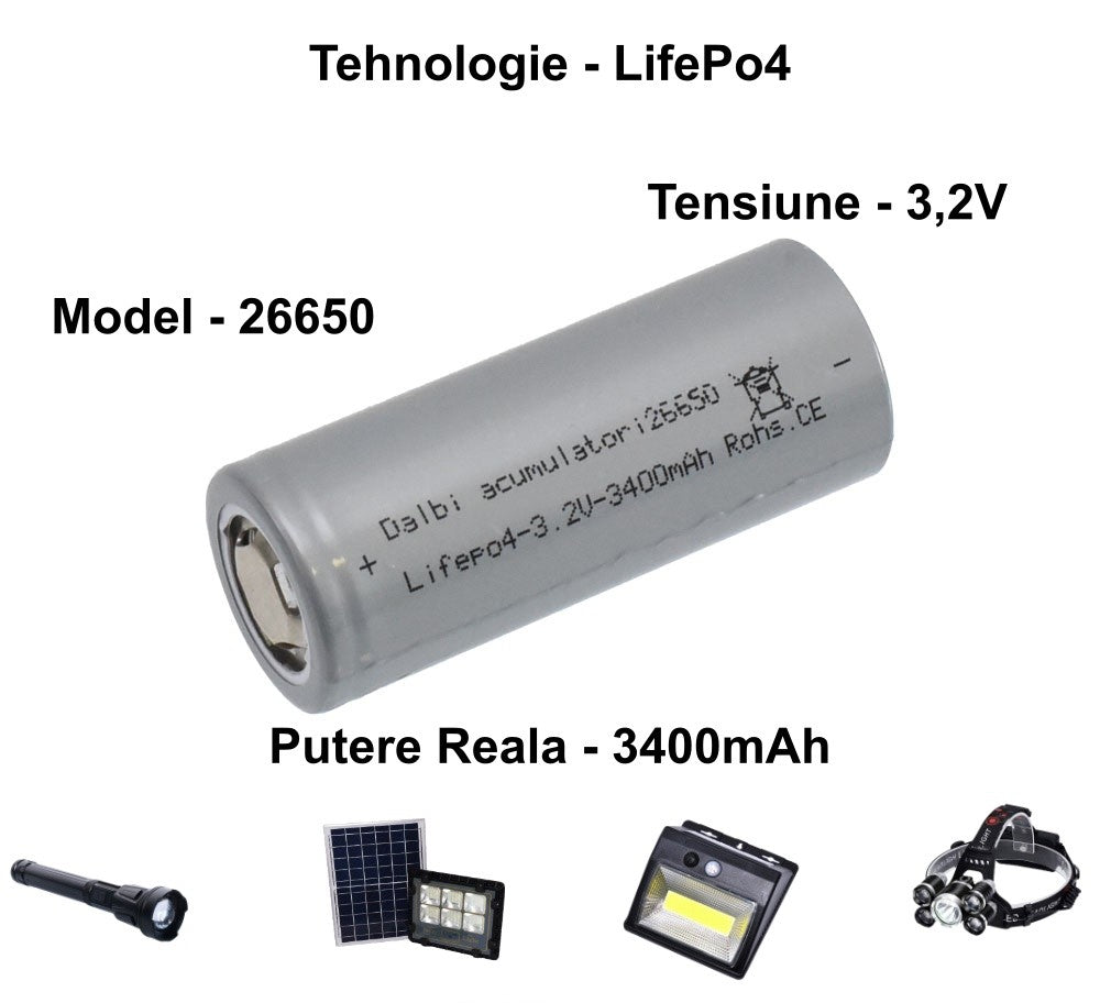 Acumulator LifePo4, Tip 26650, 3.2V, 3400mAh