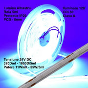 Banda Cob Led 24V - 8mm / 320led/ml - 11W/ml, Albastru - Interior IP20 - 5m/rol