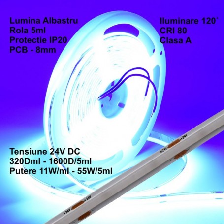 Banda Cob Led 24V - 8mm / 320led/ml - 11W/ml, Albastru - Interior IP20 - 5m/rol