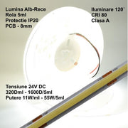 Banda Cob Led 24V - 8MM / 320led/ml - 11W/ml, Lumina Alb-Rece 6500K - 1200lm - Interior IP20 - 5m/rol