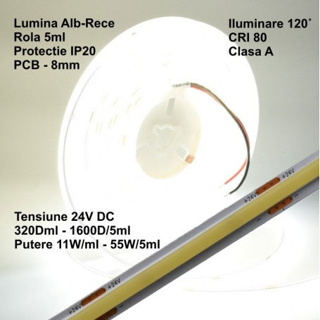 Banda Cob Led 24V - 8MM / 320led/ml - 11W/ml, Lumina Alb-Rece 6500K - 1200lm - Interior IP20 - 5m/rol