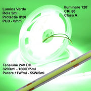 Banda Cob Led 24V - 8mm / 320led/ml - 11W/ml, Verde - Interior IP20 - 5m/rol