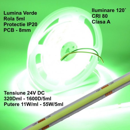 Banda Cob Led 24V - 8mm / 320led/ml - 11W/ml, Verde - Interior IP20 - 5m/rol