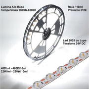 Banda Led 2835 cu Lupa - 24V - 480Led - 220W, IP20 Lumina Alb-Cald 3500K, Rola/10ml