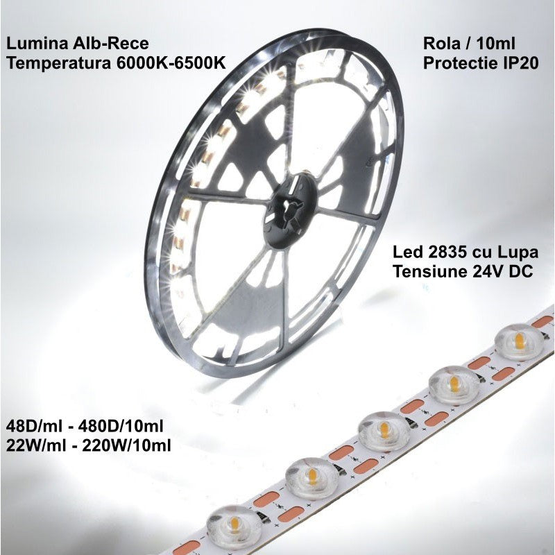 Banda Led 2835 cu Lupa - 24V - 480Led - 220W, IP20 Lumina Alb-Rece 6500K, Rola/10ml