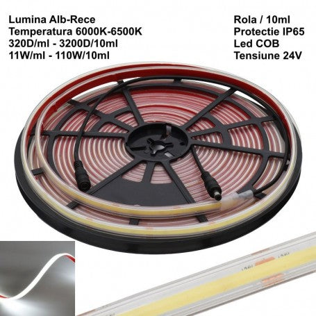 Banda Led 320 Cob - 24V - 10mm Alb-Rece 6500K, IP65 Exterior - Rola/10ml
